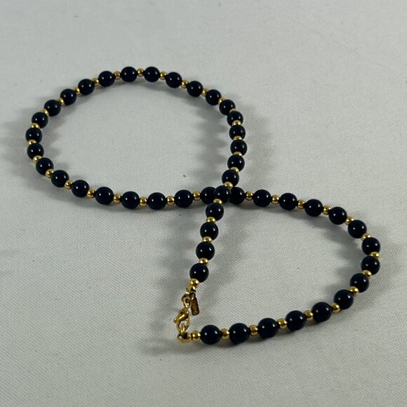 Vintage Monet Navy Blue Gold Tone Beaded Necklace Classic Delicate Career - Picture 6 of 8